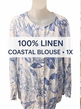 C&C California 100% Linen Blouse 1X Blue Floral Coastal Beachy Button Top